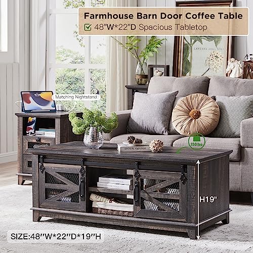 OKD 48'' Coffee Table with Storage & Sliding Barn Doors, Farmhouse & Industrial Center Table w/Adjustable Shelves for Living Room, Rectangular Black Rustic Cocktail Table w/2 Cabinets, Dark Rustic Oak