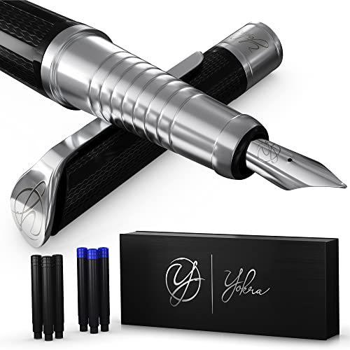 Yokra Fountain Pen Set with Ink and Converter - Caligraphy Pens for Writing, Medium Nib, 6 Ink Cartridges (3 Black ink,3 Blue ink), Best Pens for Smooth Writing Journaling Stunning Luxury Pen Gift Set