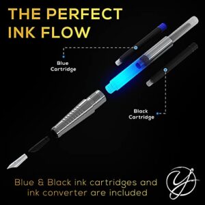 Yokra Fountain Pen Set with Ink and Converter - Caligraphy Pens for Writing, Medium Nib, 6 Ink Cartridges (3 Black ink,3 Blue ink), Best Pens for Smooth Writing Journaling Stunning Luxury Pen Gift Set