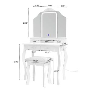 JIFULI Modern Vanity Table Set with Lighted Mirror & Power Outlet, Makeup Table with 4 Drawer, Embedded Lights Dressing Vanity Table with Cushioned Stool for Bedroom, White