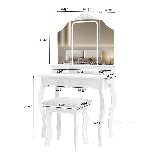 JIFULI Modern Vanity Table Set with Lighted Mirror & Power Outlet, Makeup Table with 4 Drawer, Embedded Lights Dressing Vanity Table with Cushioned Stool for Bedroom, White