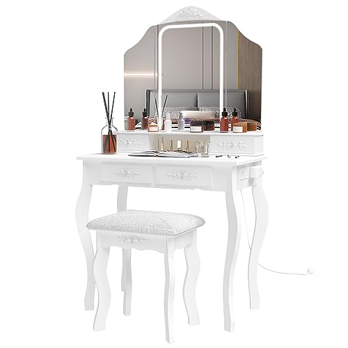 JIFULI Modern Vanity Table Set with Lighted Mirror & Power Outlet, Makeup Table with 4 Drawer, Embedded Lights Dressing Vanity Table with Cushioned Stool for Bedroom, White