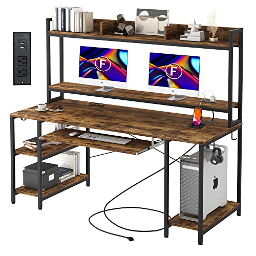 55" Computer Desk with Power Outlet & USB Ports, Reversible Desk with Hutch Shelves Keyboard Tray Monitor Shelf, Home Office Desk Gaming Desk, Study Writing Workstation, Easy Assembly, Rustic Brown