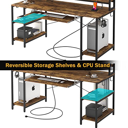 55" Computer Desk with Power Outlet & USB Ports, Reversible Desk with Hutch Shelves Keyboard Tray Monitor Shelf, Home Office Desk Gaming Desk, Study Writing Workstation, Easy Assembly, Rustic Brown