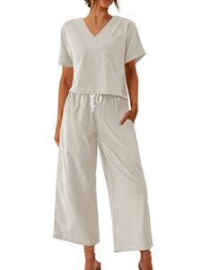 ekouaer womens short sleeve top wide leg pants sleepwear cotton linen loungewear pajama set, white, medium