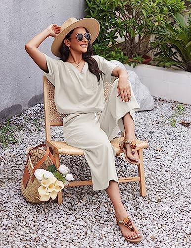 Ekouaer Womens Short Sleeve Top Wide Leg Pants Sleepwear Cotton Linen Loungewear Pajama Set, White, Medium