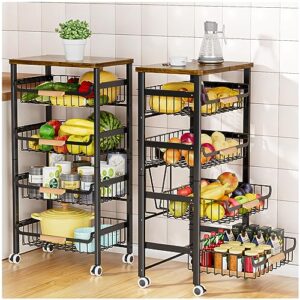 5-tier rolling storage cart with wheels, large capacity kitchen cart, mobile utility cart with wooden tabletop and mesh baskets, bathroom, laundry room