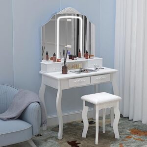 jifuli vanity desk with mirror and lights, makeup vanity, white vanity mirror with lights desk and chair, 4 drawers makeup table with lighted mirror, 3 lighting colors, white