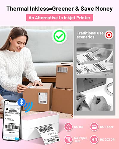 Phomemo Bluetooth Thermal Label Printer for Shipping Label - Wireless Shipping Label Printer for Phone & Pad & PC, Pink Label Printer Used for Amazon, Ebay,UPS, Shopify, TikTok, USPS, FedEx, DHL, Temu