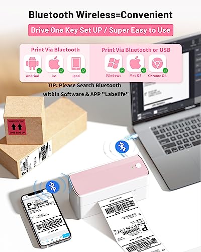 Phomemo Bluetooth Thermal Label Printer for Shipping Label - Wireless Shipping Label Printer for Phone & Pad & PC, Pink Label Printer Used for Amazon, Ebay,UPS, Shopify, TikTok, USPS, FedEx, DHL, Temu