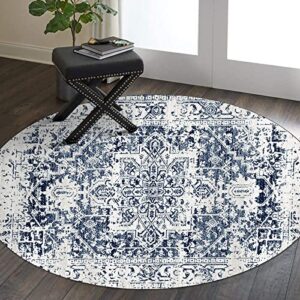 roomtalks blue ultra thin vintage distressed persian around area rug 5ft non-slip circle rugs for bedroom living room dining room table office flatweave stain resistant machine washable