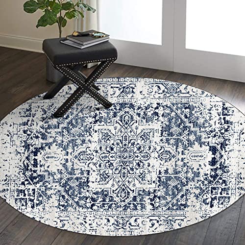 RoomTalks Blue Ultra Thin Vintage Distressed Persian Around Area Rug 5ft Non-Slip Circle Rugs for Bedroom Living Room Dining Room Table Office Flatweave Stain Resistant Machine Washable