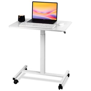 velocvil pneumatic height adjustable rolling laptop desk, 28 inch heavy duty sit to stand mobile laptop table with wheels for office, home, bedroom or couch, white