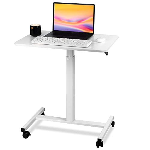 VELOCVIL Pneumatic Height Adjustable Rolling Laptop Desk, 28 Inch Heavy Duty Sit to Stand Mobile Laptop Table with Wheels for Office, Home, Bedroom or Couch, White