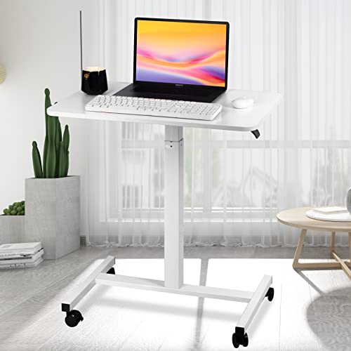 VELOCVIL Pneumatic Height Adjustable Rolling Laptop Desk, 28 Inch Heavy Duty Sit to Stand Mobile Laptop Table with Wheels for Office, Home, Bedroom or Couch, White