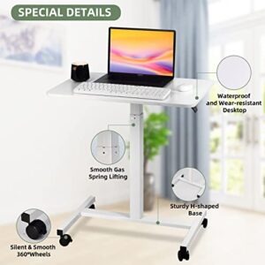 VELOCVIL Pneumatic Height Adjustable Rolling Laptop Desk, 28 Inch Heavy Duty Sit to Stand Mobile Laptop Table with Wheels for Office, Home, Bedroom or Couch, White