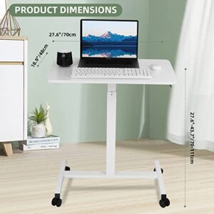 VELOCVIL Pneumatic Height Adjustable Rolling Laptop Desk, 28 Inch Heavy Duty Sit to Stand Mobile Laptop Table with Wheels for Office, Home, Bedroom or Couch, White