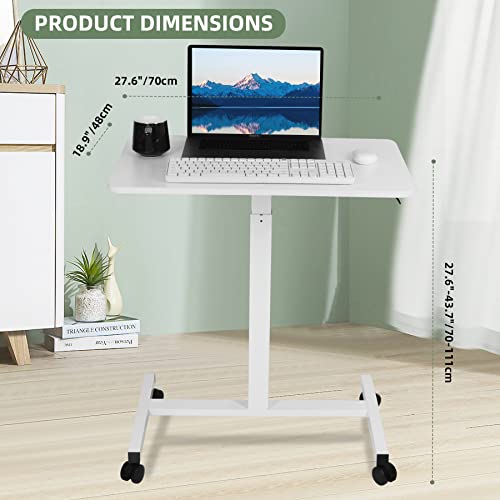 VELOCVIL Pneumatic Height Adjustable Rolling Laptop Desk, 28 Inch Heavy Duty Sit to Stand Mobile Laptop Table with Wheels for Office, Home, Bedroom or Couch, White