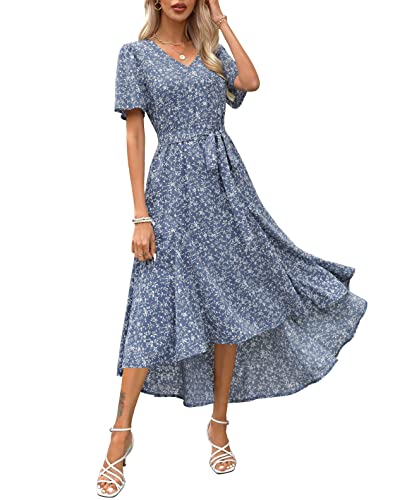 Maggeer 2023 Womens Casual Summer Dresses Short Sleeve Cute V Neck Ruffle Boho A Line High Low Flowy Swing Beach Modest Floral Maxi Dress with Pockets Dusty Blue XL