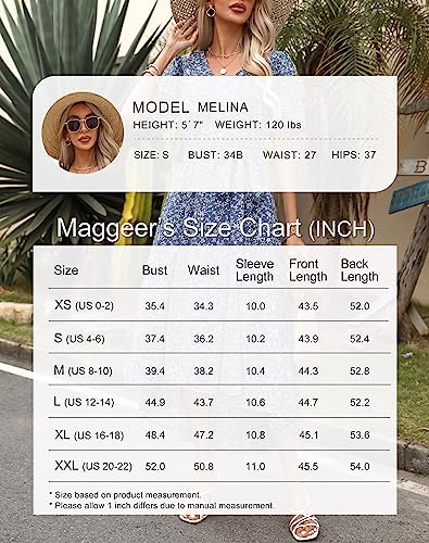 Maggeer 2023 Womens Casual Summer Dresses Short Sleeve Cute V Neck Ruffle Boho A Line High Low Flowy Swing Beach Modest Floral Maxi Dress with Pockets Dusty Blue XL