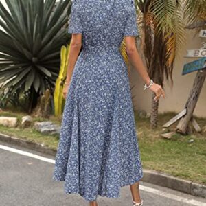 Maggeer 2023 Womens Casual Summer Dresses Short Sleeve Cute V Neck Ruffle Boho A Line High Low Flowy Swing Beach Modest Floral Maxi Dress with Pockets Dusty Blue XL