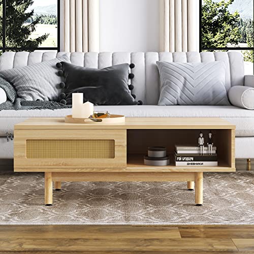 Rattan Coffee Table with Sliding Door, Wood Coffee Table for Living Room, Mid-Century Modern Rectangular Coffee Table with Open Storage Shelf, Solid Wood Legs, Natural