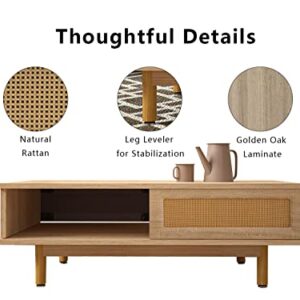 Rattan Coffee Table with Sliding Door, Wood Coffee Table for Living Room, Mid-Century Modern Rectangular Coffee Table with Open Storage Shelf, Solid Wood Legs, Natural