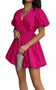 prettygarden women's summer puff sleeve short mini dress flowy ruffle v neck a line wrap dresses (rose red,small)