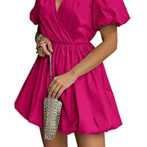 PRETTYGARDEN Women's Summer Puff Sleeve Short Mini Dress Flowy Ruffle V Neck A Line Wrap Dresses (Rose Red,Small)