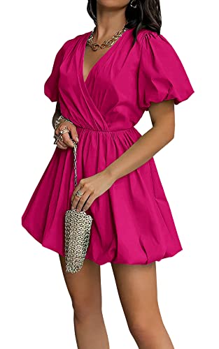 PRETTYGARDEN Women's Summer Puff Sleeve Short Mini Dress Flowy Ruffle V Neck A Line Wrap Dresses (Rose Red,Small)