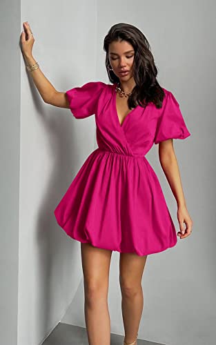 PRETTYGARDEN Women's Summer Puff Sleeve Short Mini Dress Flowy Ruffle V Neck A Line Wrap Dresses (Rose Red,Small)