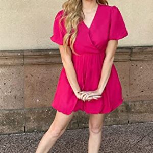 PRETTYGARDEN Women's Summer Puff Sleeve Short Mini Dress Flowy Ruffle V Neck A Line Wrap Dresses (Rose Red,Small)