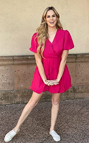 PRETTYGARDEN Women's Summer Puff Sleeve Short Mini Dress Flowy Ruffle V Neck A Line Wrap Dresses (Rose Red,Small)