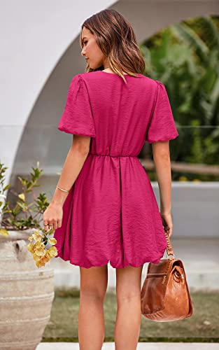 PRETTYGARDEN Women's Summer Puff Sleeve Short Mini Dress Flowy Ruffle V Neck A Line Wrap Dresses (Rose Red,Small)