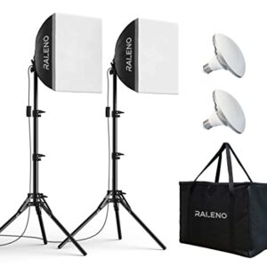 RALENO® Softbox Lighting Kit, 2 x 16'' x 16'' Photography Studio Equipments with 50W / 5500K / 90 CRI LED Bulbs, Continuous Lighting System for Video Recording and Photography Shooting