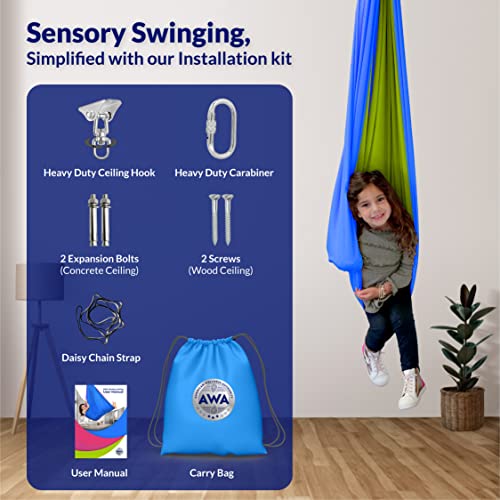 American Wellness Authority Sensory Swing for Kids Indoor, 360° Swivel, Reversible Sensory Swing for Adults, Double Layered Hammock Swing for Kids with Special Needs Great for ADHD/ADD (Green/Blue)