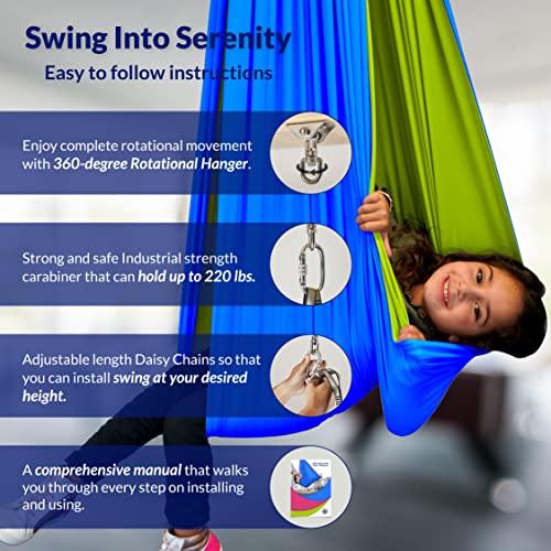 American Wellness Authority Sensory Swing for Kids Indoor, 360° Swivel, Reversible Sensory Swing for Adults, Double Layered Hammock Swing for Kids with Special Needs Great for ADHD/ADD (Green/Blue)