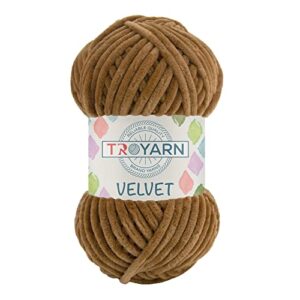 troyarn velvet chenille baby blanket yarn amigurumi yarn for crocheting and knitting super bulky 100 gr (132 yds) (10119 - brown)