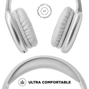 iJoy Ultra Wireless Headphones with Microphone- Rechargeable Over Ear Wireless Bluetooth Headphones with 10Hr Playtime, SD Slot, Backup Wire- Soft Cushion Wireless Headset with Mic (Silver)
