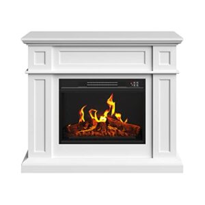 electric fireplace with mantel - freestanding heater with remote control, adjustable led flames and faux logs - living room decor by northwest (white)