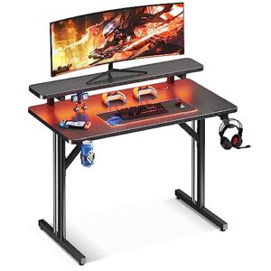 small gaming desk with led lights, computer desk 31 inch gaming table with monitor shelf, pc desk with cup holder and headphone hook, gamer desk with carbon fiber texture, boys desk gift for men