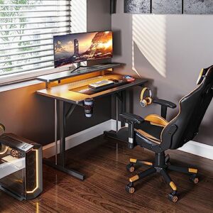 Small Gaming Desk with LED Lights, Computer Desk 31 Inch Gaming Table with Monitor Shelf, PC Desk with Cup Holder and Headphone Hook, Gamer Desk with Carbon Fiber Texture, Boys Desk Gift for Men