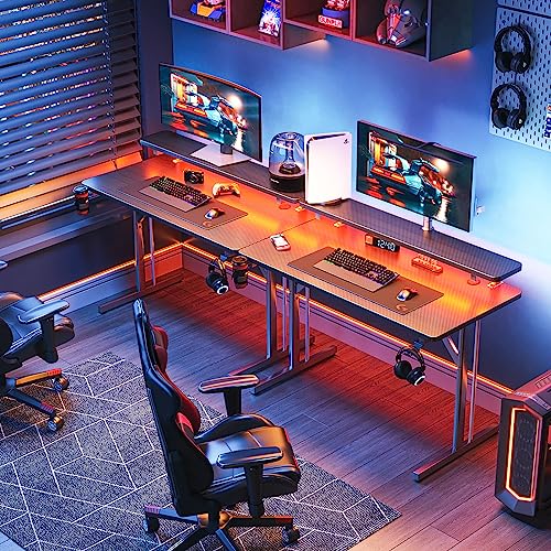 Small Gaming Desk with LED Lights, Computer Desk 31 Inch Gaming Table with Monitor Shelf, PC Desk with Cup Holder and Headphone Hook, Gamer Desk with Carbon Fiber Texture, Boys Desk Gift for Men