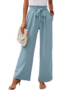 heymoments women's wide leg lounge pants with pockets blue gray medium lightweight high waisted adjustable tie knot loose comfy casual trousers