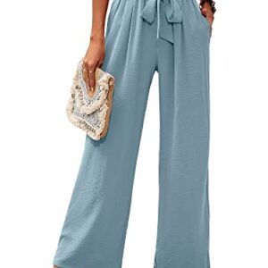Heymoments Women's Wide Leg Lounge Pants with Pockets Blue Gray Medium Lightweight High Waisted Adjustable Tie Knot Loose Comfy Casual Trousers