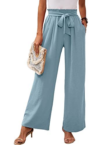 Heymoments Women's Wide Leg Lounge Pants with Pockets Blue Gray Medium Lightweight High Waisted Adjustable Tie Knot Loose Comfy Casual Trousers