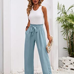 Heymoments Women's Wide Leg Lounge Pants with Pockets Blue Gray Medium Lightweight High Waisted Adjustable Tie Knot Loose Comfy Casual Trousers