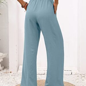 Heymoments Women's Wide Leg Lounge Pants with Pockets Blue Gray Medium Lightweight High Waisted Adjustable Tie Knot Loose Comfy Casual Trousers