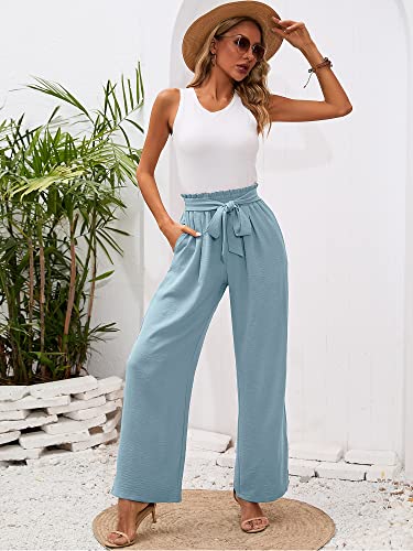 Heymoments Women's Wide Leg Lounge Pants with Pockets Blue Gray Medium Lightweight High Waisted Adjustable Tie Knot Loose Comfy Casual Trousers