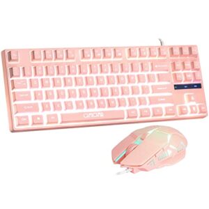 gaming keyboard and mouse pink keyboard with white backlit,chonchow usb wired 87key gaming keyboard mini and mouse 3600dpi,19 keys no-conflict, illuminated keys compatible with pc/ps4，ps5/xbox/mac
